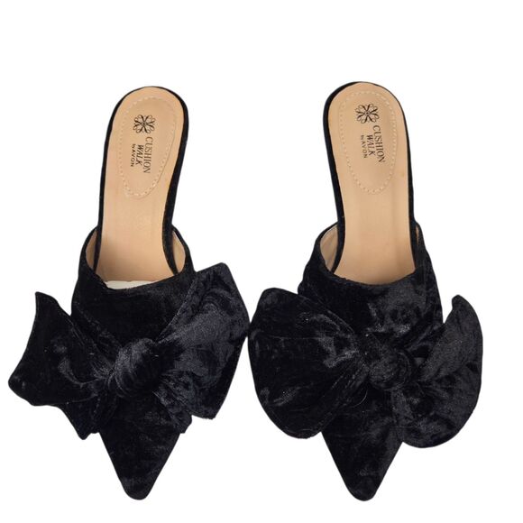 Avon Cushion Walk Black Velvet Bow Mules Slip On Pointed Toe Shoes Size 8 NWOT - Picture 1 of 4